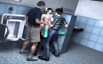 無修正変態3Dシーン〜ラッキーな生徒が堂々たる巨乳の清掃スタッフギャルに祝福される！